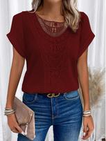 2025 Spring/Summer Lace Spliced Short Sleeve T-shirt, Women's Cross-border Fashion XXL vyno raudonos spalvos