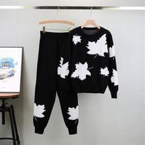 Autumn New Fashion Jacquard Leaf Bead Knitting Suit Femininity Casual Sweater Sports Two-piece Set One Size juoda