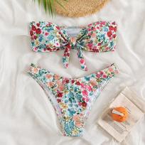 Gėlėtas Bandeau Bikini Rinkinys Nuogais Petukais Push-Up Maudymosi Kostiumas Moterims Vamzdelio Viršus Bikini Mazgas Maudymosi Kostiumai 2025 Seksualus Vasaros Maudymosi Kostiumas L žalia