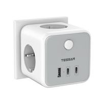 TESSAN Travel USB lizdo adapteris su 3 kintamosios srovės lizdais, 3 USB prievadais (2.4A) ir maitinimo jungiklis, EU Wall Cube lizdas išmaniajam telefonui, planšetiniam kompiuteriui, fotoaparatui 3 Outlets 2Type-C 1 USB A pilka spalva