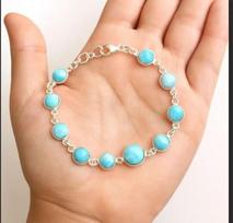 Natural larimar Round Gemstone Handmade Tennis Bracelet Charm jewelry, 925 Sterling Silver Unisex Bracelet 7