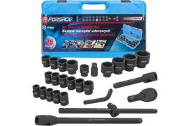 Smūginis įrankių rinkinys, FORSAGE, F-68262-5MPB, 26 dalys, 3/4" ir 1" galvutės, Cr-Mo plienas, plastikinė dėžė