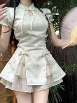 2025 Spring/Summer Women's Stylish Short Sleeve Two-Piece Set: New Chinese Style Top & Skirt M gray