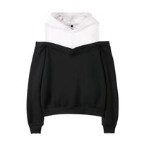 Ladies' Fashion Trend Off Shoulder Fake Two-piece Hooded Sweatshirt L juoda