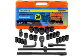 Smūginių įrankių rinkinys, PARTNER, PA-68262-5MPB, 26 vnt., 3/4" ir 1" šešiakampės galvutės, patvarus plastikinis dėklas