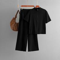 Women's Fashion Semi High Neck Solid Color Short Sleeved Zipper Set Wide Leg Pants Two Piece Set One Size juoda