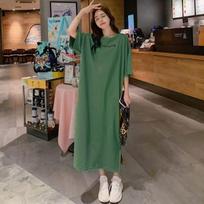 Plus Size Women's Casual Short Sleeve Over-the-Knee Loose T-shirt Dress M žalia