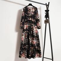 Women's Spring High-Waist Retro Floral Chiffon Maxi Dress with Long Sleeves and Round Neck S