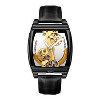 Prabangus auksinis laikrodis automatinis mechaninis laikrodis vyriškas steampunk odinis laikrodis juoda