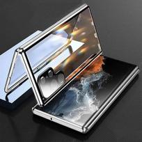 Magnetinis dėklas Samsung Galaxy S25 Ultra/ FE/ S25+ Plus, su metaliniu rėmeliu, telefono apsaugomis, dvipusiu grūdintu stiklu, pilna kameros apsauga Galaxy S25 sidabras
