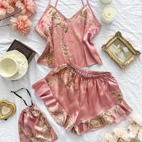 Danny Lin Faux Silk Spring/Summer Two-Piece Pajama Set: Fashion Print Shorts & Sexy Slip Dress M