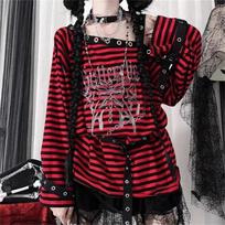 2KWEIRD Harajuku Punk Dryžuoti Spausdinti Marškinėliai Y2k Gotikinės Merginos Atvirais Petukais Mėlyni Raudoni Laisvi Drugelio Raidės 2000-ųjų Subkultūra Grunge Marškinėliai One Size raudona