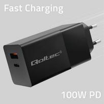 Qoltec 52382 GaN POWER PRO charger | 1xUSB type C | 1xUSB A | 100W | 5-20V | 1.5-5A | PD | Black