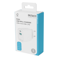 USB sieninis įkroviklis DELTACO, 1x USB-A 18 W, 1x USB-C PD 20 W, baltas/ USBC-AC154 / 1903153