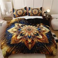 Golden Mandala Floral 3-Piece Duvet Cover Set with 2 Pillowcases - Breathable Polyester, All-Season, Machine Washable EU Single 135x200cm
