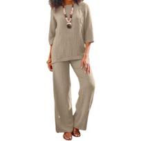 2 Pcs/Set Women Spring Top Pants Set O Neck Three Quarter Sleeves Loose Retro Elastic Waist Wide Leg Solid Color Breathable Soft Casual Homewear XL chaki