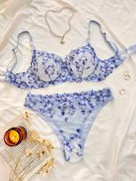 Kajano French Floral Embroidery Multicolor See-through Sexy Lingerie Set for Women - Autumn Collection Small (S) rožinė