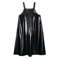 Yamamoto Women's Dark PU Leather Suspender Dress - Shiny, Loose-Fit, Spring/Autumn Fashion. One Size juoda