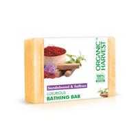 Vonios muilas Sandalas ir Šafranas (125 g), Sandalmedžio ir šafrano prabangi maudymosi kempinė, ekologiškas derlius