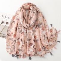 Herringbone Pink & Gray Flower Scarf in Soft Cotton-Linen Blend with Tassels 180x90 cm