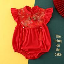 Red Short Sleeve Baby Girl Summer Romper Onesie - First Birthday Outfit, 100-Day Celebration - Style 5391 66cm