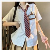 Women's Japanese JK Uniform Style Striped Short Sleeve Blouse - Versatile & Chic Summer Top S white