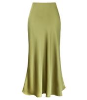 Elegantiškas aukšto juosmens šilkinis acetato žuvies uodegos sijonas pavasariui ir vasarai Medium matcha spalva