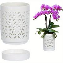Orchidėjos vazonas su padėklu ir drenažu 4 coliai - Keraminiai patalpų ir lauko vazonai augalams, prakiuręs kvėpuojantis vazonas su skylėmis orchidėjos persodinimui white flowerpot