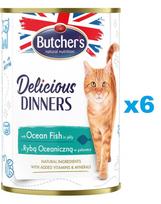 BUTCHER'S Delicious Dinners, ėdalas katėms, gabalėliai su jūros žuvimis drebučiuose, 6 x 400g
