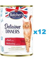 BUTCHER'S Delicious Dinners, kačių ėdalas, jautienos želė gabalėliai, 400g x 12