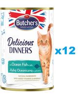 BUTCHER'S Delicious Dinners, ėdalas katėms, gabalėliai su jūros žuvimis drebučiuose, 12 x 400g