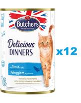 BUTCHER'S BUTCHER'S Delicious Dinners, kačių maistas, gabalėliai su upėtakiais drebučiuose, 12 x 400g