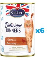 BUTCHER'S Delicious Dinners, kačių ėdalas, gabalėliai su elniena drebučiuose, 6 x 400g