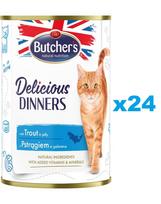 BUTCHER'S Delicious Dinners, maistas katėms, gabalėliai su upėtakiais drebučiuose 24 x 400g
