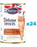 BUTCHER'S Delicious Dinners, ėdalas katėms, gabalėliai su elniena drebučiuose 24 x 400g