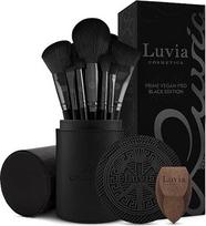 "Luvia Prime Vegan Pro" makiažo šepetėlių rinkinys, juodas, 12 makiažo šepetėlių, įskaitant šepetėlių dėklą, maišymo kempinėlę ir kosmetikos šepetėlių valymo kilimėlį, juodos ir rožinio aukso spalvos