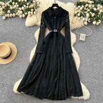 Stilinga Vintažinė Vienspalvė Susiūta Tinklelio Plona Elegantiška Pasakų Mada Boho Vasarinė Suknelė Moterų Drabužiai Ilga Suknelė M juoda