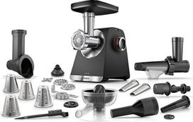"Bosch MultiPower MFWS682B" 6 serijos mėsos tarkavimo įtaisas, Kebbe ir dešrų priedas, sulčiaspaudė, konditerijos priedas, citrusinių vaisių sulčiaspaudė, malūnėlis, 3 perforuoti diskai (3, 4,5 ir 8 mm), variklio bloko galia 2100 W, juoda