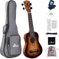 "Winzz" 21 colio soprano ukulelės pradedančiųjų rinkinys vaikams suaugusiesiems Unikalus spalvotas dizainas su krepšiu, derintuvu, papildomomis stygomis, dirželiu, muzikiniu lipduku, poliravimo šluoste ruda spalva
