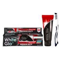 WHITE GLO MAXIMUM WHITE CHARCOAL + BAKING SODA balinamoji dantų pasta su aktyvuota anglimi ir soda, 150 g + dantų šepetėlis