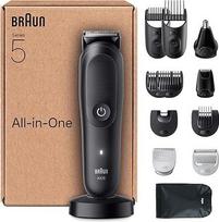 "Braun All-in-One Series 5" priežiūros rinkinys 13-in-1, nosies plaukų kirpimo mašinėlė, itin aštrūs ašmenys, elektrinis skustuvas vyrams, kūno skustuvas, barzdos ir plaukų kirpimo mašinėlė, kūno kirpimo mašinėlė, AIO5565, juodas