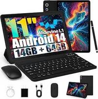 Planšetinis kompiuteris, 11 colių "Android" planšetinis kompiuteris su 14GB RAM + 64GB ROM (1 TB TF), aštuonių branduolių, "Widevine L1", "WiFi 6" ir BT 5.3, 6800 mAh baterija, dviguba kamera - planšetinis kompiuteris su klaviatūra, pele, rašikliu ir dė
