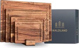 WALDLAND Premium medinių pjaustymo lentelių rinkinys iš 4 dalių (40 x 30, 33 x 24, 27 x 18, 21 x 15) I įskaitant lentelės stovą I medinė virtuvės lenta I pjaustymo lentelės rinkinys, pagamintas iš tvirtos akacijos medienos