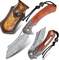 ALVELY Vyriškas kišeninis peilis Damasko plieno rankų darbo sulankstomas peilis, 3,5 in geležtė Rosewood rankena, su odiniu dėklu, Liner Lock plieno rutuliniai guoliai, kišeninis spaustukas, EDC kempingo lauko išgyvenimo peilis