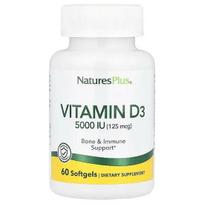 Nature's Plus Vitaminas D3, 5000 ME, 60 minkštųjų kapsulių