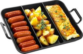 Onlyfire Ketaus keptuvė su rankena, universali ketaus keptuvė visų tipų kepsninėms, stačiakampio formos 41,6 x 31,5 cm, BBQ daržovių krepšys, 3 skyriai įvairiems maisto produktams kepti vienu metu