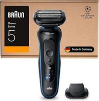 "Braun Series 5" elektrinis skustuvas vyrams su 50 minučių veikiančiu akumuliatoriumi, su tikslaus kirpimo priedu, belaidis drėgnas ir sausas skustuvas vyrams, atsparus vandeniui, 52-B1200si, mėlynas