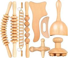 9 in 1 Wood Therapy Body Shaping Massage Tool Maderoterapia Kit for Cellulite Lymphatic Drainage Curved Wood Massager Cup Roller Set for Leg and Belly