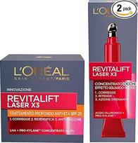"L'Oréal Paris Revitalift Laser X3 Anti-Ageing Intensive Treatment SPF 20 su hialurono rūgštimi ir pro-ksilanu + koncentruotas akių kremas nuo raukšlių "Pro-Xylane