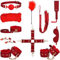 11 dalių BDSM rinkinys su rankogaliais, kauke ir plaktuve poroms